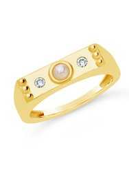 Sterling Silver Pearl & CZ Bar Ring - Gold