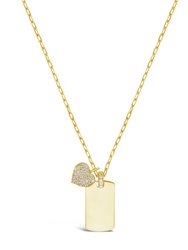 Sterling Silver Tag & CZ Heart Pendant Necklace - Gold