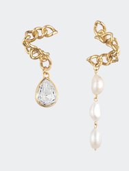 Mismatched Warp Chain Pearl Crystal Drop Earrings - Gold And Clear