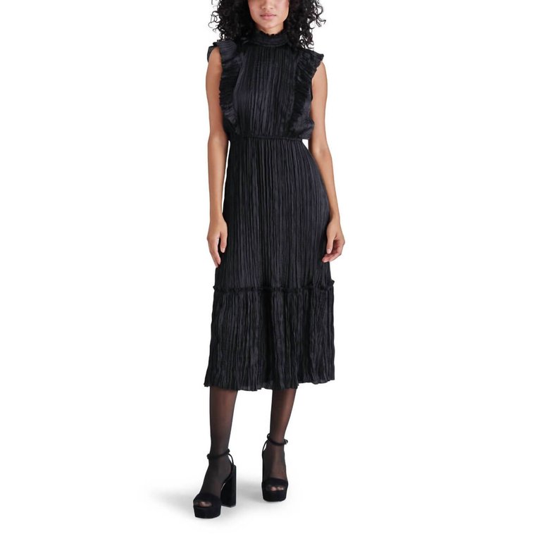 Wednesday Crinkle Satin Midi Dress In Black - Black