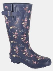 Womens/Ladies Floral Wide Leg Galoshes - Navy Blue