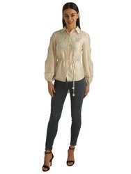 Balloon Sleeve Button-Down Shirt - IVORY/TURQUOISE