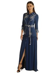 Open Slit Embroidered Maxi - BLUE/IVORY