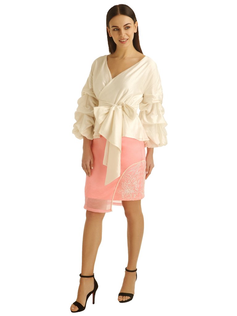 Ruched Sleeve Wrap Blouse - IVORY