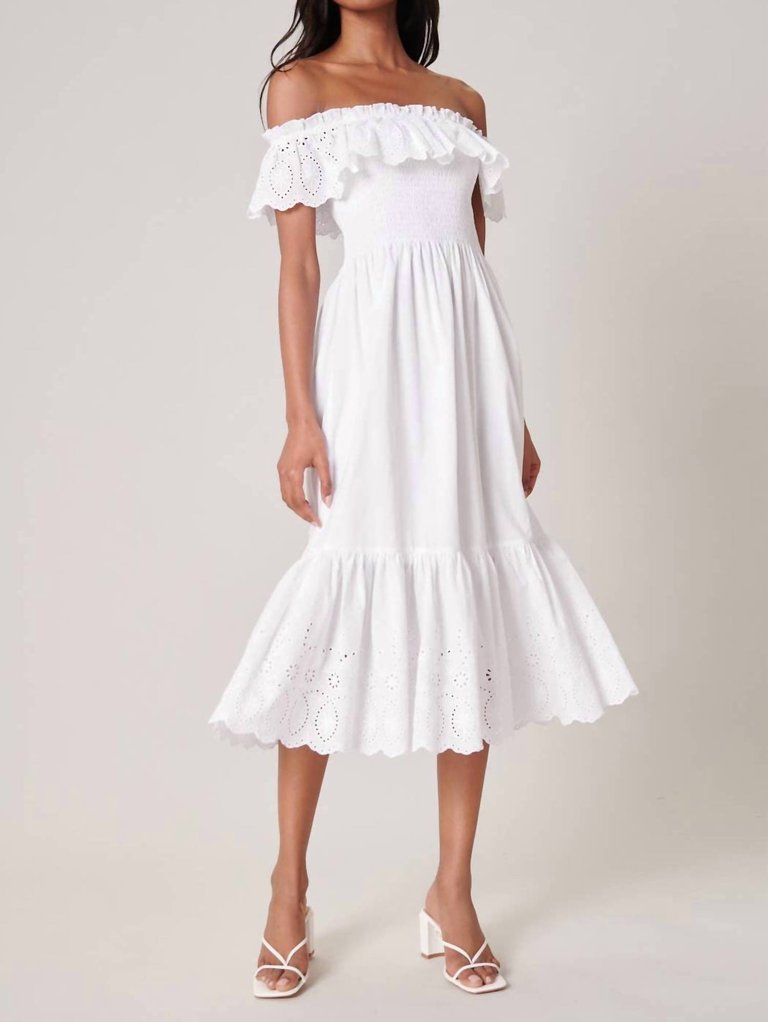 Esmeralda Smocked Eyelet Midi Dress In White - White