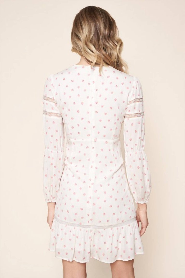 Floral Long Sleeve Lace Trim Mini Dress In White/Pink Flowers