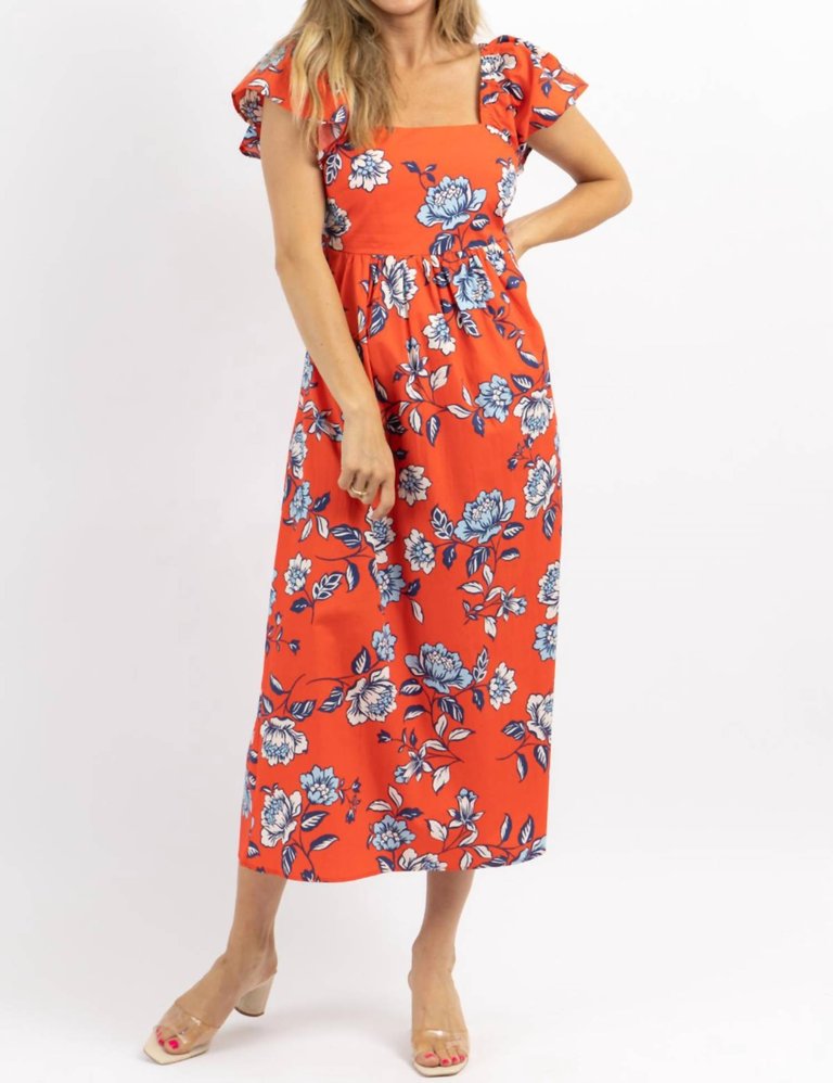 Kyrah Floral Cotton Midi Dress In Orange