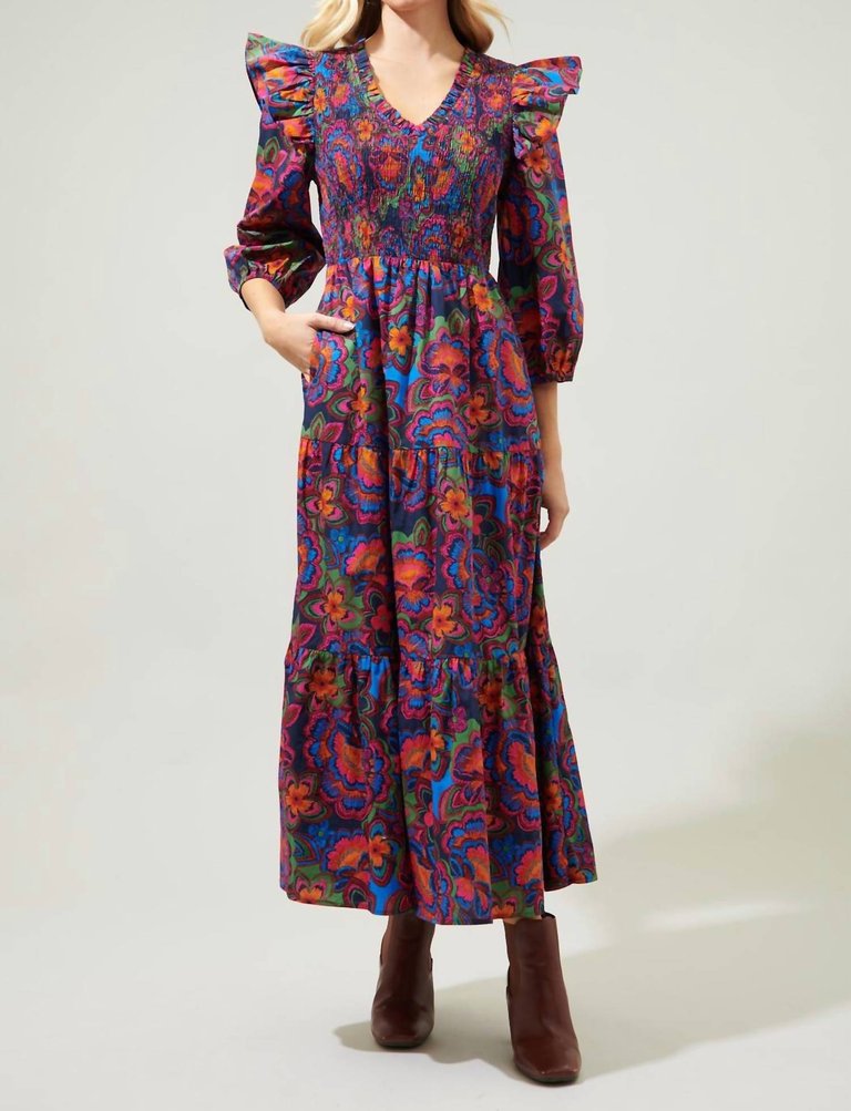 Round Top Smocked Floral Poplin Dress In Navy Fuchsia - Navy Fuchsia