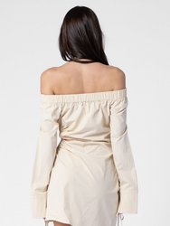 Beige Cotton Off The Shoulder One Side Cut Out Dress