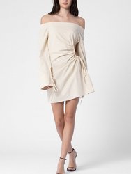 Beige Cotton Off The Shoulder One Side Cut Out Dress - Beige