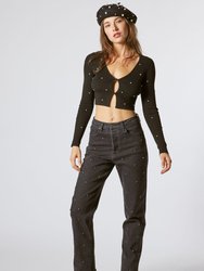 Black Cotton Slim Fit Denim Pants with Crystals - Black