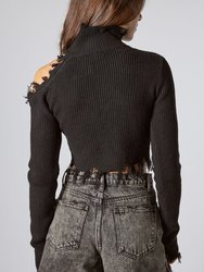 Black Open Shoulder Cropped Sweater With Stones