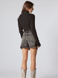 Black Open Shoulder Cropped Sweater With Stones