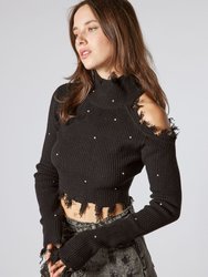 Black Open Shoulder Cropped Sweater With Stones - Black
