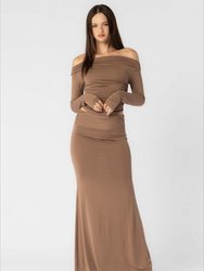 Brown Knit Modal Off Shoulder Top And Skirt Set - Brown