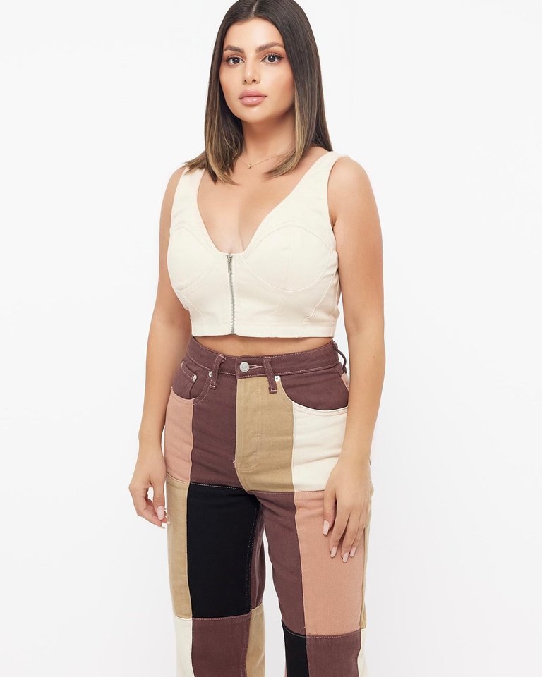 Color Block Hight Waisted Brown Stretch Jeans