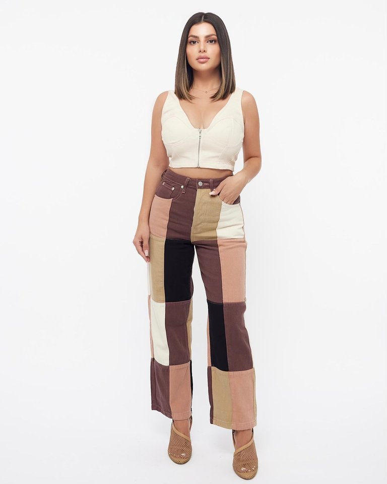 Color Block Hight Waisted Brown Stretch Jeans - Brown
