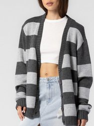 Grey Oversized Knitted Striped Cardigan - Grey
