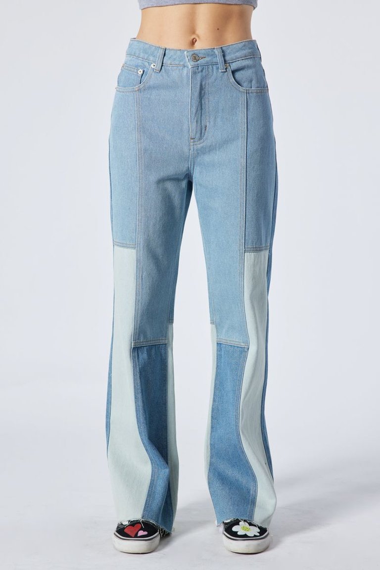 Light Color Block Slim Fit Denim Pants - Blue