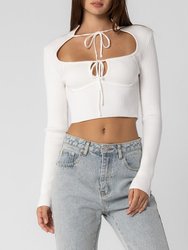 White Knitted Cut Out Ribbon Top - White