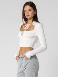 White Knitted Cut Out Ribbon Top