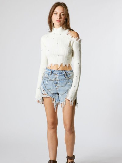Summer Wren White Open Shoulder Cropped Sweater With Stones product