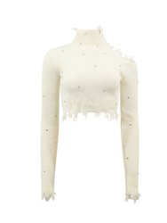 White Open Shoulder Cropped Sweater With Stones