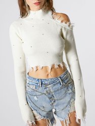 White Open Shoulder Cropped Sweater With Stones