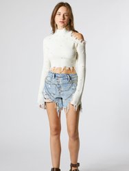 White Open Shoulder Cropped Sweater With Stones - White