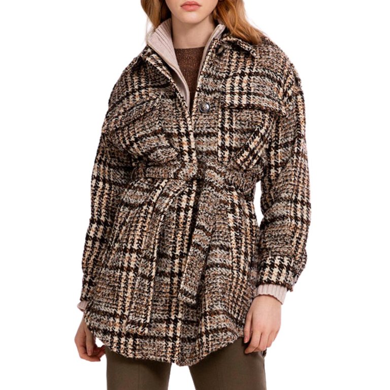 Ely Belted Wool Blend Jacket In Beige Plaid - Beige Plaid