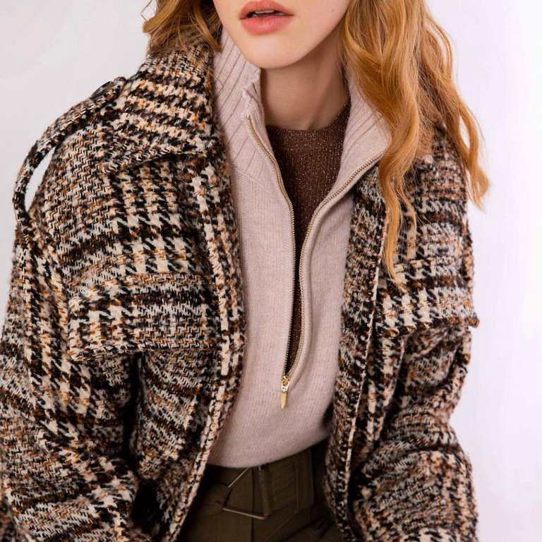 Ely Belted Wool Blend Jacket In Beige Plaid