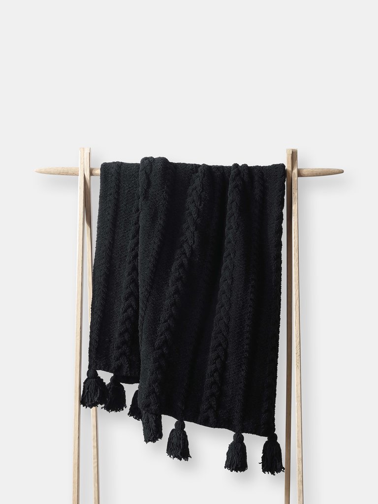 Braided Pom Pom Throw - Black