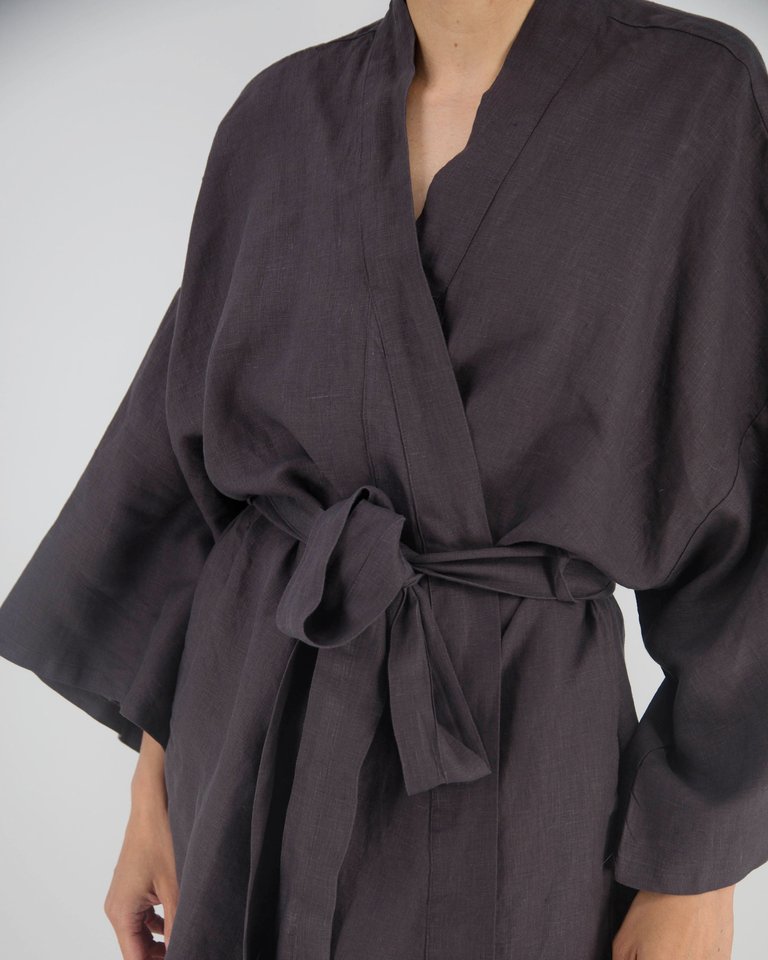 Leia Mid-Length French Linen Robe - Charcoal