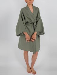 Leia Mid-Length French Linen Robe - Khaki