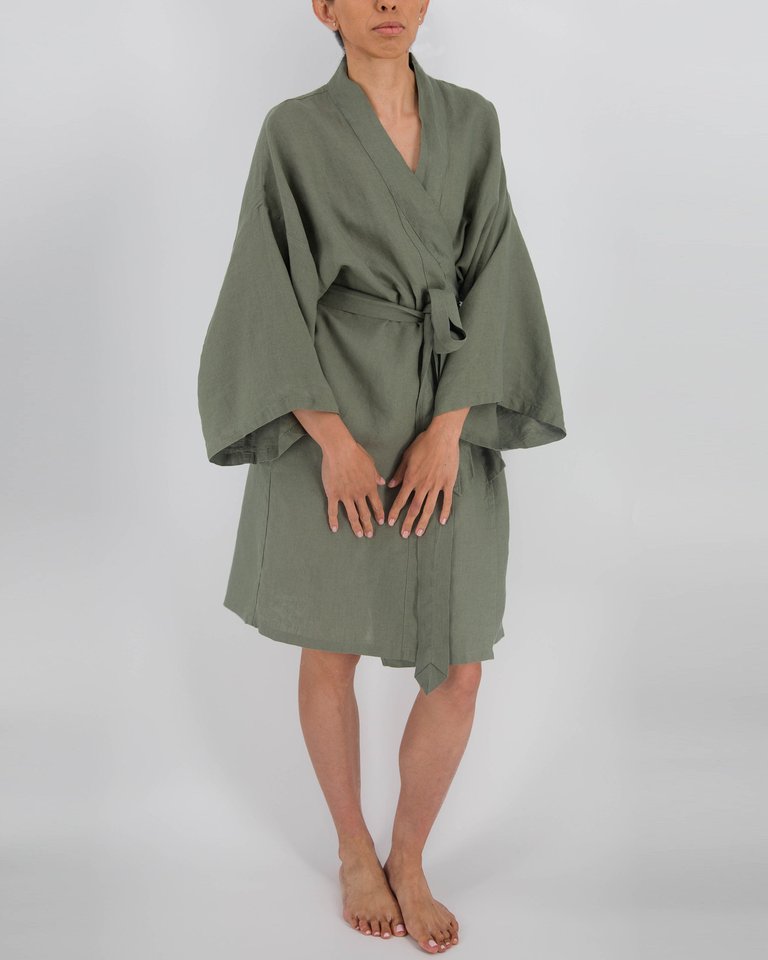 Leia Mid-Length French Linen Robe - Khaki