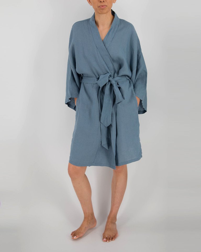 Leia Mid-Length French Linen Robe - Lagoon