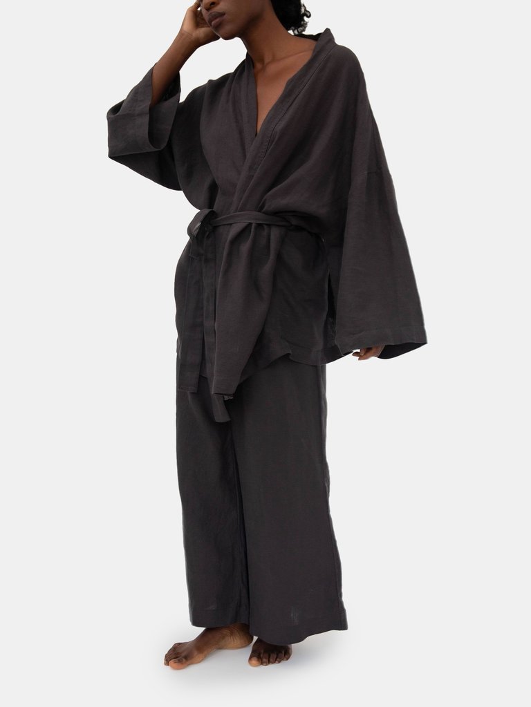 Naoko Linen Kimono Sleepwear Set - Charcoal