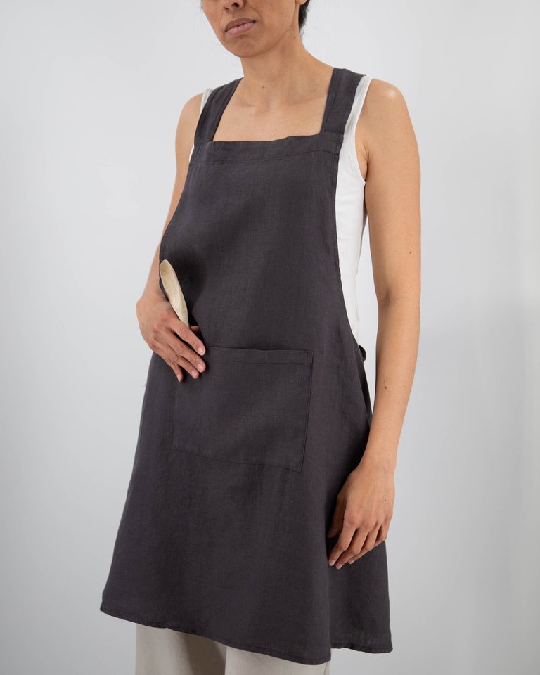 Nishi Cross-Back Linen Apron - Charcoal