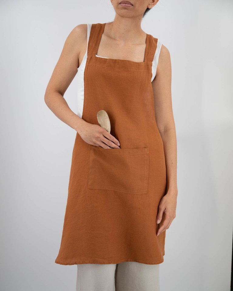 Nishi Cross-Back Linen Apron - Burnt orange