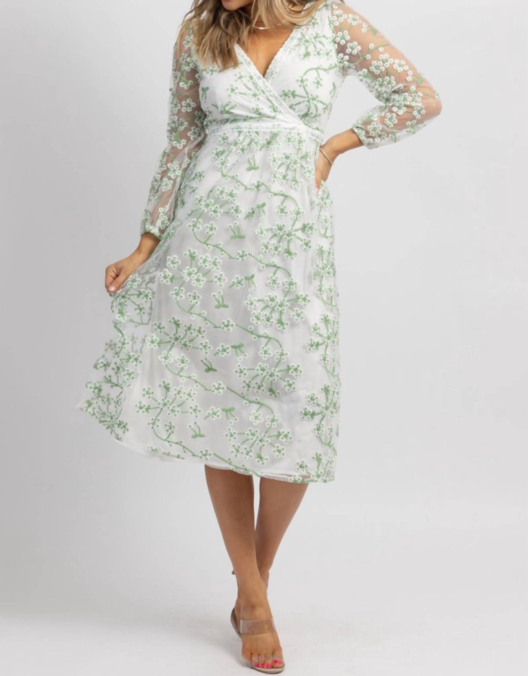 Embroidered Longsleeve Midi Dress In White Mesh