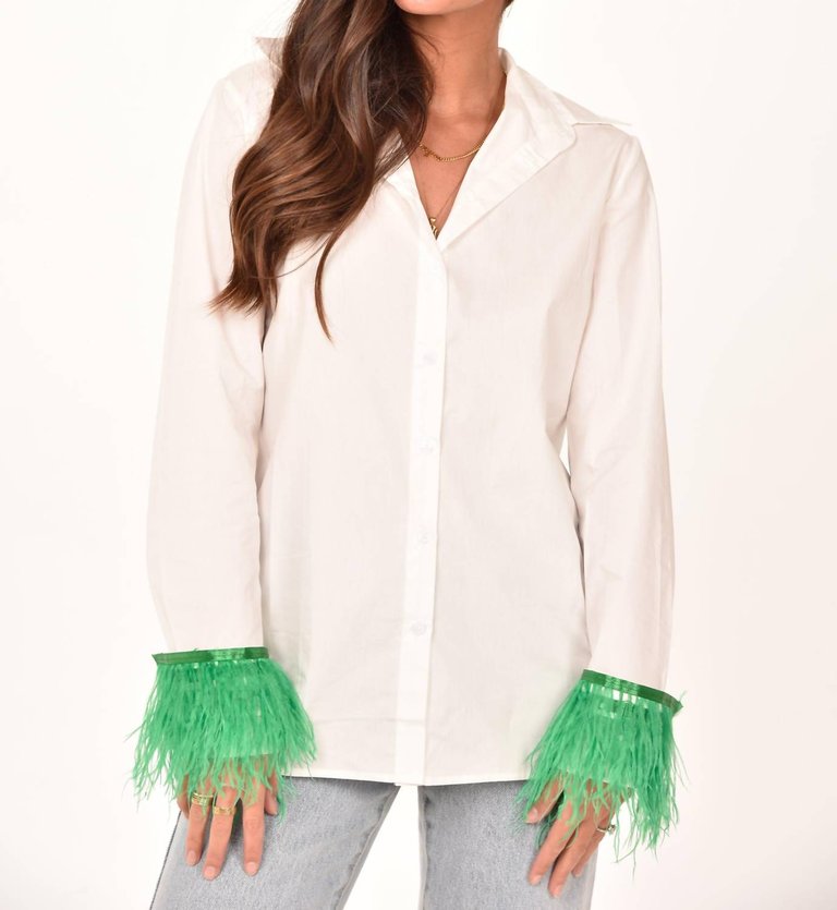 Feather Sleeve Button Down Blouse In White/green - White/Green