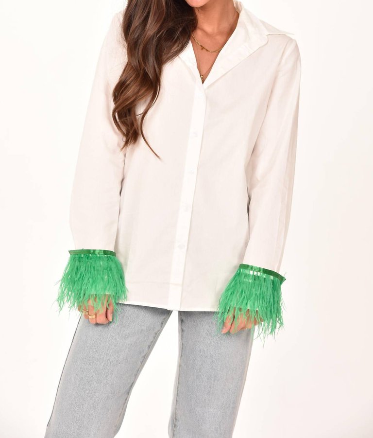 Feather Sleeve Button Down Blouse In White/green