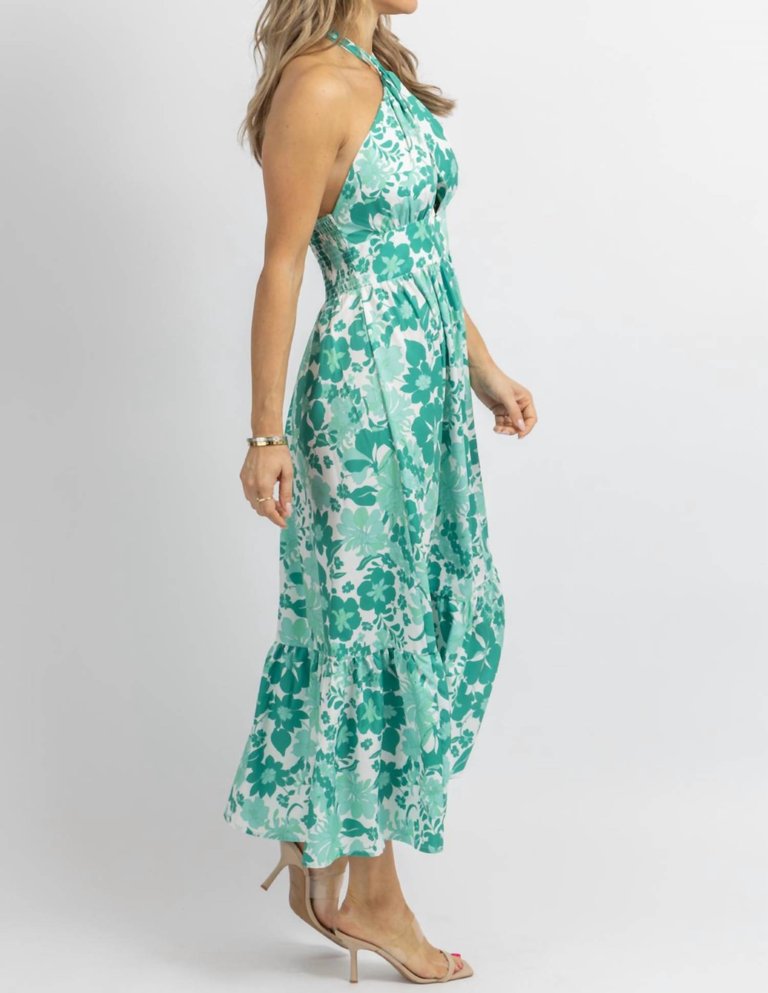 Halterneck Ruffle Midi Dress In Green Floral