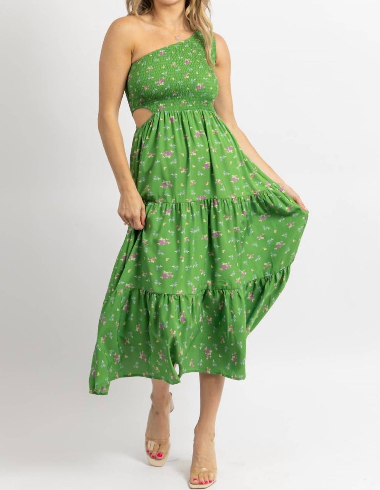 One Shoulder Hollow Midi Dress In Green Floral Print - Green Floral Print