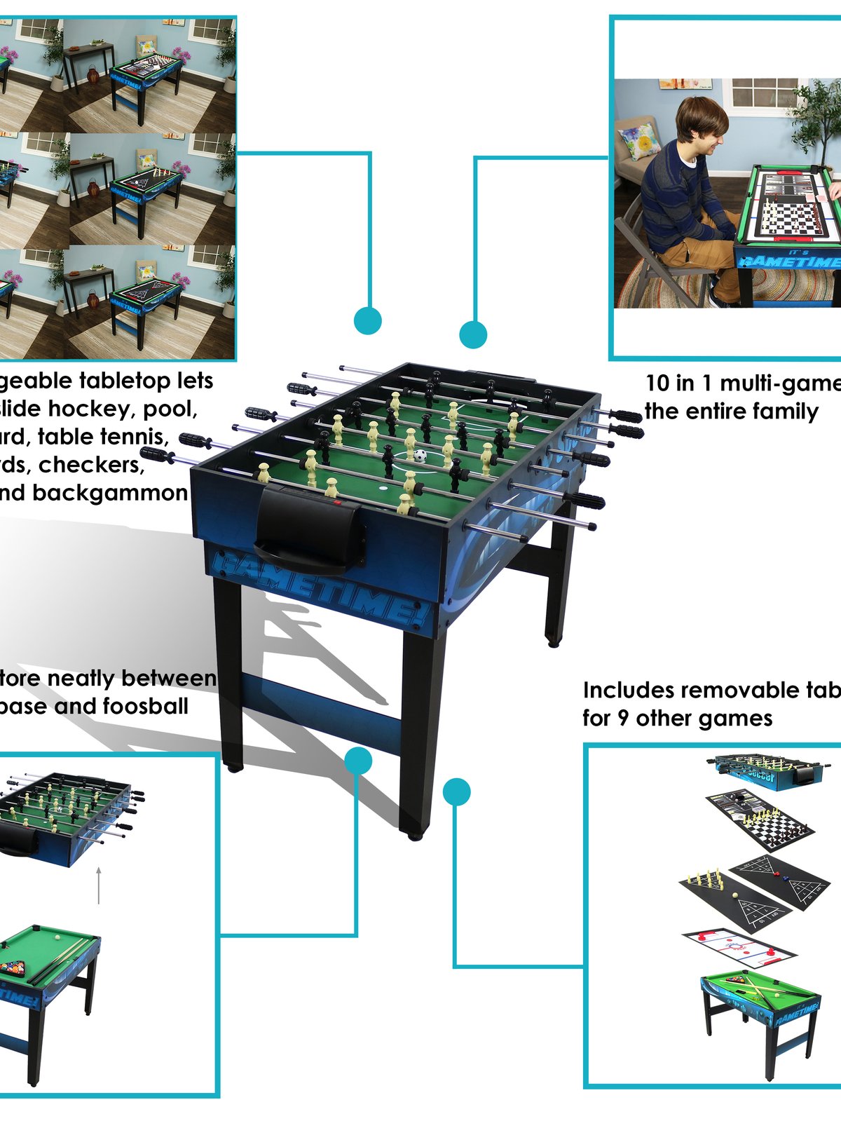 Sunnydaze Multi-Game Table with Billiards, Hockey, Foosball, Ping Pong,  Shuffleboard, Chess, Cards, Checkers, Bowling, and Backgammon - Game Time  Blue 