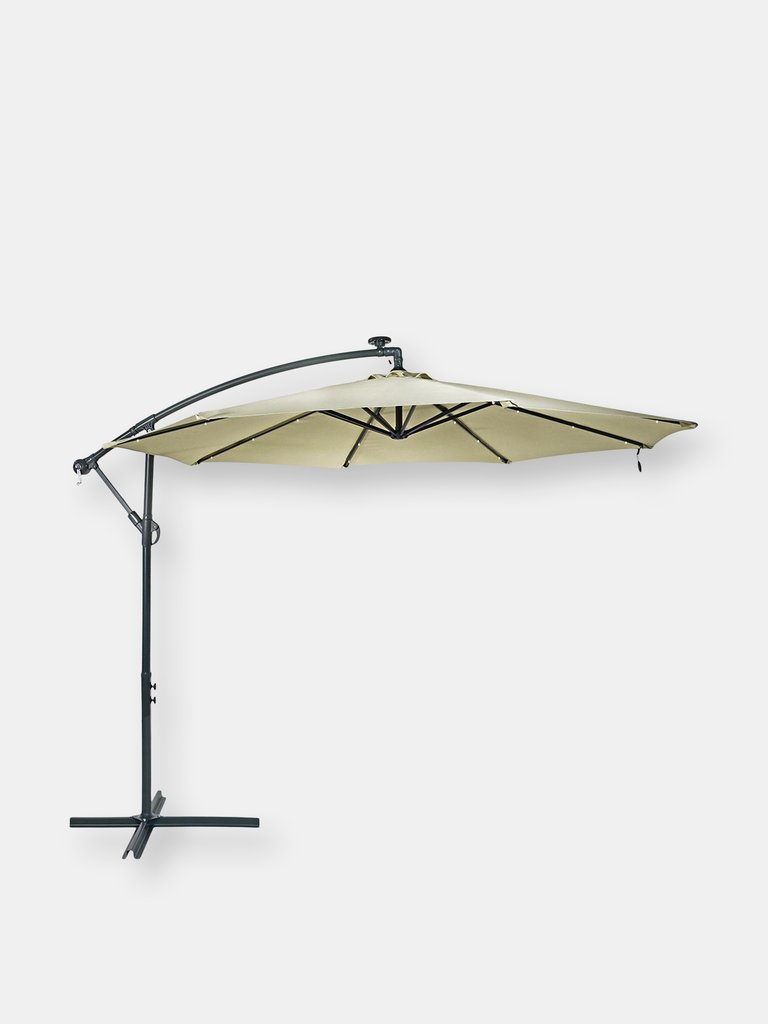 10FT Offset Solar Patio Umbrella Outdoor LED Lights Cantilever Crank Brown Deck - Off white