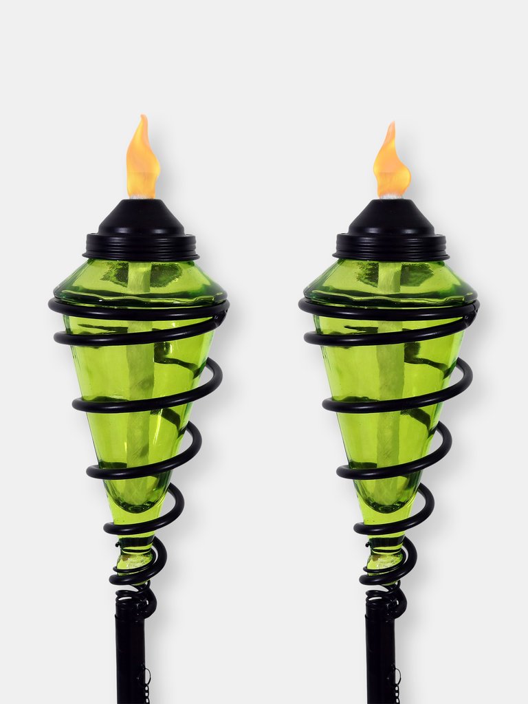 2-Pack Patio Torches Metal Swirl Green Glass Outdoor Lawn Garden Tabletop Decor - Green