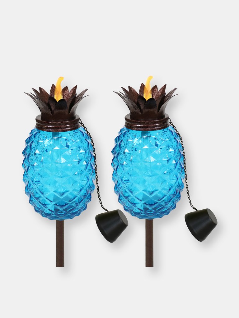 2-Pack Patio Torches Tropical Pineapple Glass Outdoor Lawn Garden Tabletop Décor - Blue