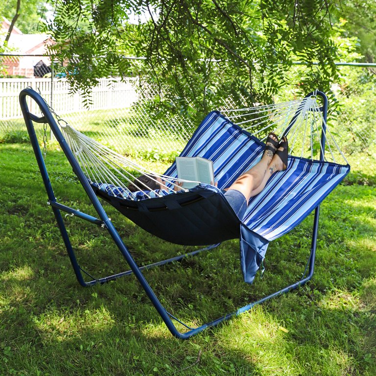 2-Person Polyester Hammock With Iron Spreader Bar And Pillow