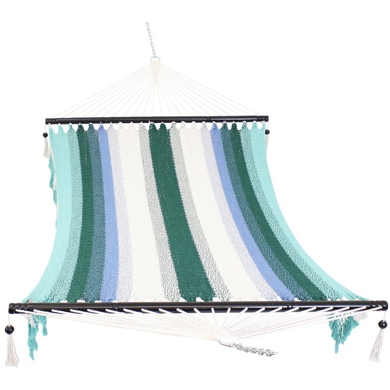 2-Person Woven Hammock With Wooden Spreader Bars - Lagoon Stripes